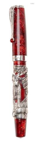 MONTEGRAPPA “ZODIAC” FOUNTAIN PEN. Red resin body with silve...