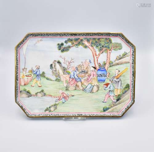 A CANTON ENAMEL RECTANGULAR SHAPED TRAY, QING DYNASTY, QIANL...