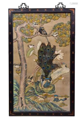 λ A CHINESE KINGFISHER AND PEACOCK FEATHER PAINTED SILK ‘LOT...