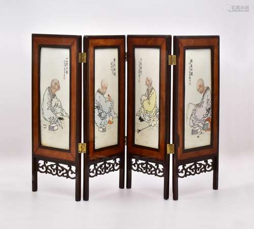 FOUR CHINESE ENAMELLED PORCELAIN ‘BUDDHIST’ PANELS, MOUNTED ...