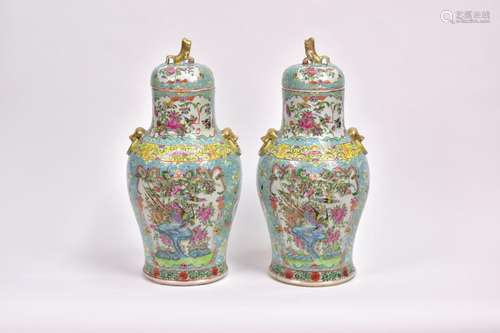 A LARGE PAIR OF CHINESE ‘FAMILLE-ROSE’ PORCELAIN VASES AND C...