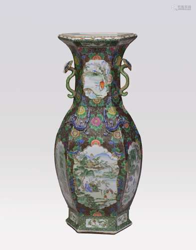 A LARGE CHINESE ‘FAMILLE-ROSE’ PORCELAIN HEXAGONAL VASE, QIN...