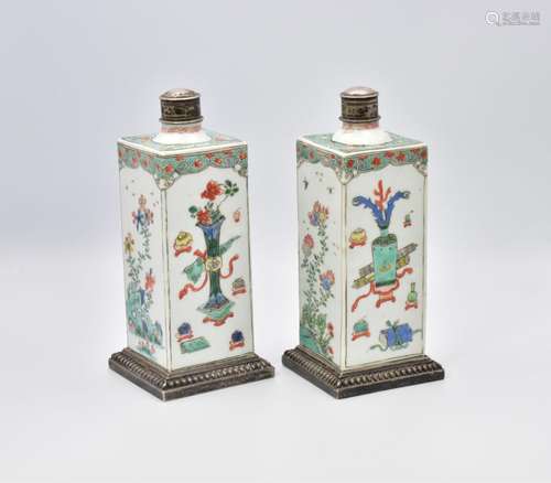 A PAIR OF CHINESE SILVER-MOUNTED ‘FAMILLE-VERTE’ BOTTLES AND...