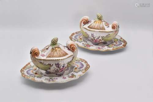 A PAIR OF CHINESE EXPORT PORTUGUESE MARKET TUREENS, STANDS A...