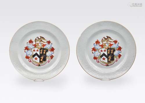 A PAIR OF LARGE CHINESE EXPORT FAMILLE-ROSE ARMORIAL DISHES,...