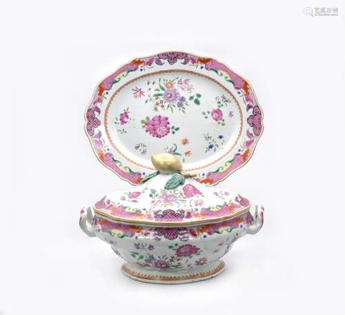 A CHINESE EXPORT ‘FAMILLE-ROSE’ PORCELAIN TUREEN, COVER AND ...