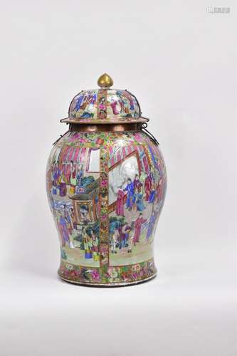 A LARGE CANTON ‘FAMILLE-ROSE’ PORCELAIN METAL-MOUNTED JAR AN...