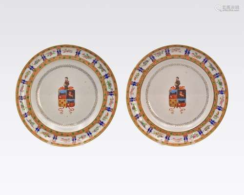 A PAIR OF CHINESE PORTUGUESE MARKET ARMORIAL DISHES, QING DY...