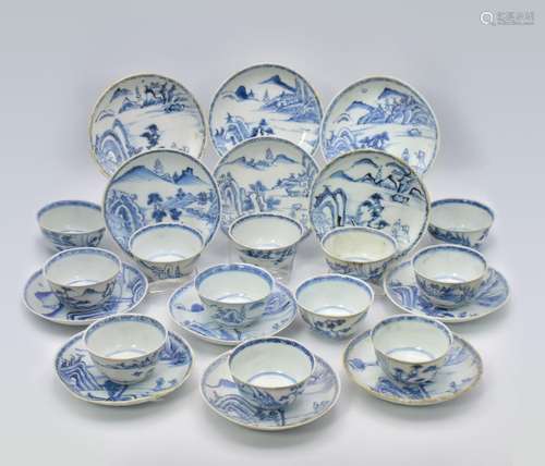 TWELVE CHINESE BLUE AND WHITE PORCELAIN TEA BOWLS AND SAUCER...