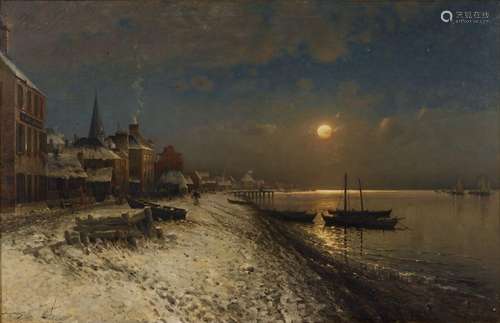 CARL FRITHJOF SMITH (1859–1917)Clair de lune, port enneigé