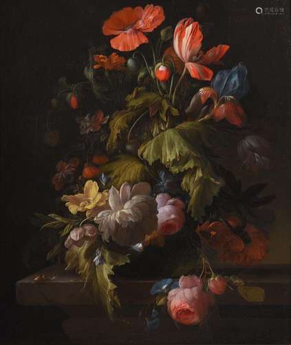 ELIAS VAN DEN BROECK (DUTCH 1650-1708), A POPPY, TULIP, CHRY...