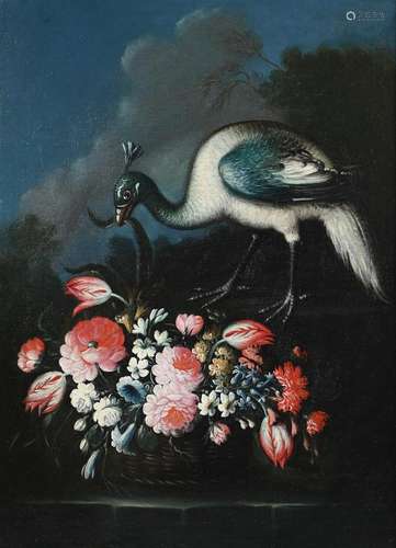 ITALIAN SCHOOL (18TH CENTURY), A PEAHEN WITH A BASKET OF FLO...