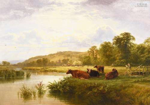 GEORGE COLE (BRITISH 1810-1883), CATTLE IN A RIVER LANDSCAPE