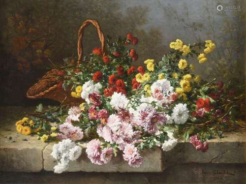 EUGENE CLAUDE (FRENCH 1841-1922), CHRYSANTHEMUMS AND A WICKE...