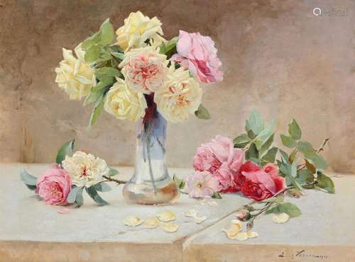 EMILE VERNON (FRENCH 1872-1919), STILL LIFE OF ROSES IN A GL...