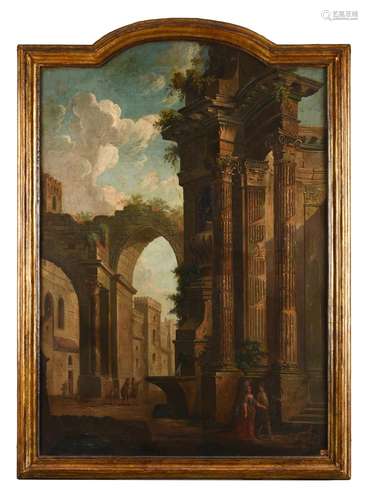 ITALIAN SCHOOL (18TH CENTURY), A CAPRICCIO WITH FIGURES STRO...