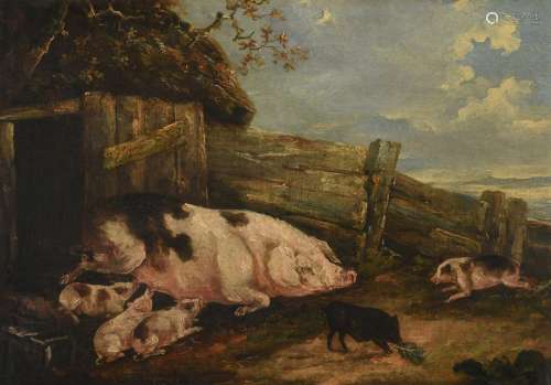 GEORGE MORLAND (BRITISH 1763-1804), SOW AND PIGLETS BY A STY