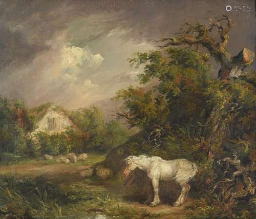 GEORGE MORLAND (BRITISH 1763-1804), A WHITE HORSE SHELTERING...