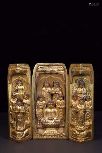 明  铜鎏金三折说法图佛龛