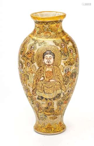 Japanese Satsuma Pottery Vase, Signed C. 19th.c., Buddha Wit...