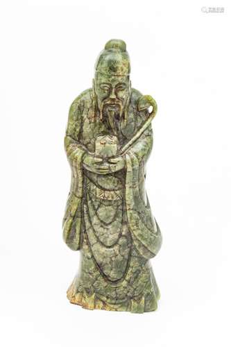 Chinese Chinese Carved Green Jade Emperor With Box And Staff...