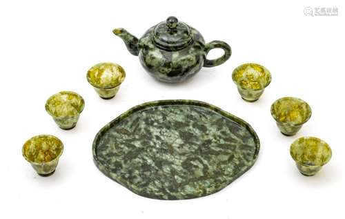 Chinese Chinese Green Jade Carved Tea Set With Tray C. 1940,...