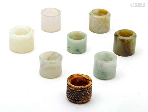 Chinese Chinese Carved Jade (7) And Stone (1) Archer Rings C...