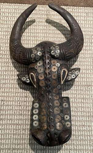 New Guinea New Guinea Carved Wood Animal Head With Horns H 3...