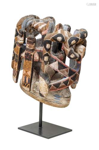 African Yoruba Polychromed Carved Wood Headdress, H 12.5`` W...