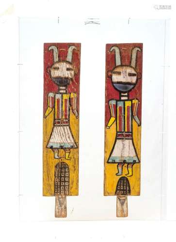 Native American Hopi Painted Wood Dance Paddles, H 23`` W 4....