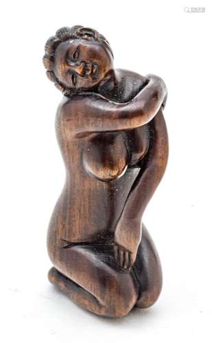 Japanese Japanese Carved Wood Netsuke, Seated Nude Female H ...