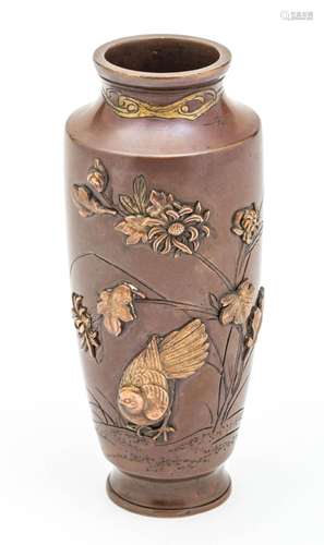 Japanese Japanese Bronze Vase, Flowers In Relief, Gold Highl...