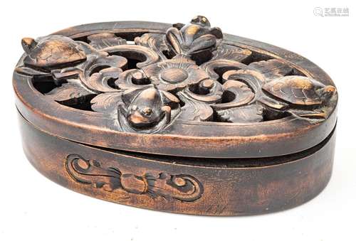 Chinese Chinese Wood Carved Box, Reticulated Frog & Turt...