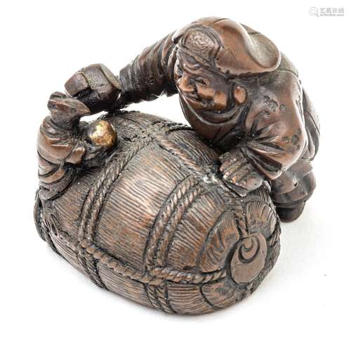 Chinese Bronze Miniature Sculpture, Man Rolling Bale Of Rice...