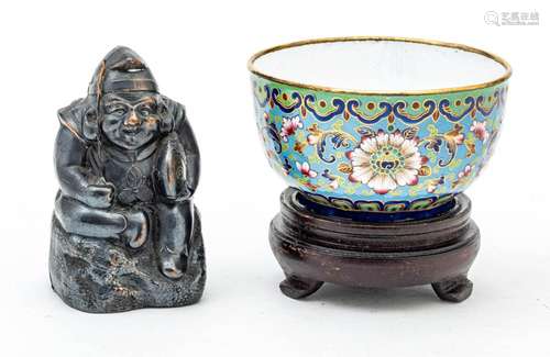 Chinese Metal Buddha With Fish And Scepter, Also Enamel Bowl...