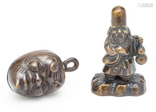 Chinese Bronze Miniatures, Wise Scholar And Bell H 3.5`` 2 p...