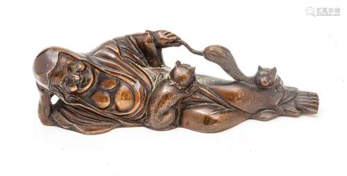 Chinese Chinese Bronze Brush Rest, Reclining Buddha With Cat...