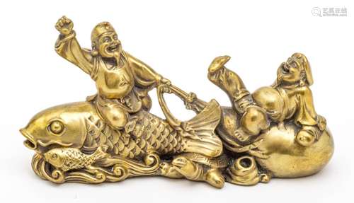 Chinese Chinese Bronze Sculpture, Man On Carp H 4.5`` L 8`` ...