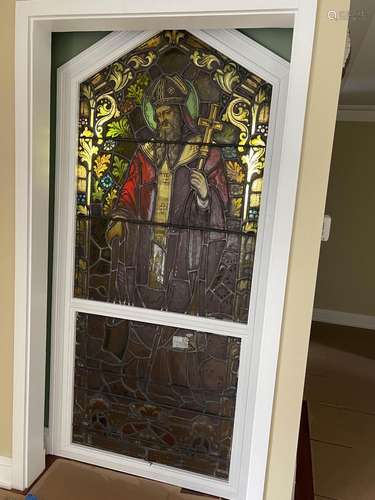 Leaded Stained Glass Window C. 1900, H 7` W 3`