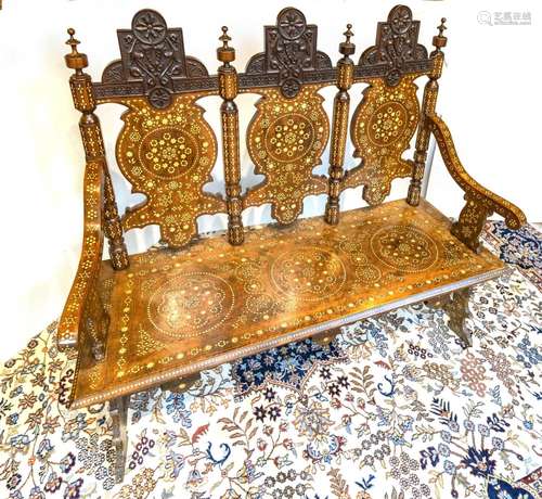 India Carved Wood Settee C. 1900, H 51`` W 58`` Depth 21``