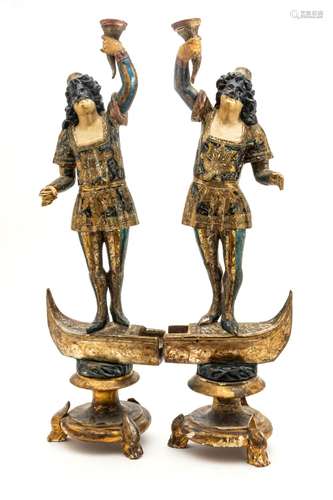 Antique Venetian Polychrome Carved Wood Blackamoor Figures, ...