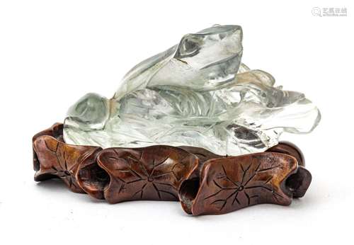 Chinese Chinese Rock Crystal Snuff Bottle, Frog On Wood Lily...