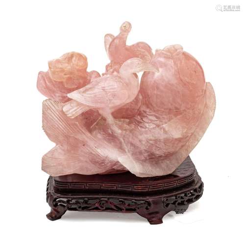 Chinese Chinese Rose Quartz Carving, Birds H 5`` W 6``