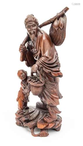 Chinese Chinese Wood Carving, Man And Boy C. 19th.c., H 14``