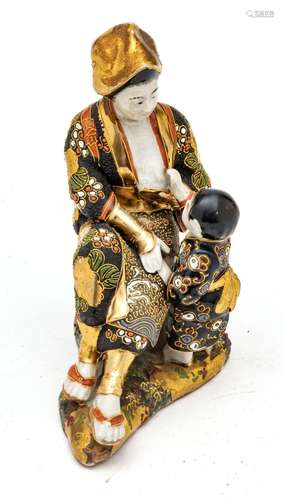 Satsuma Satsuma Porcelain Figure, Mother And Child, Fired Go...