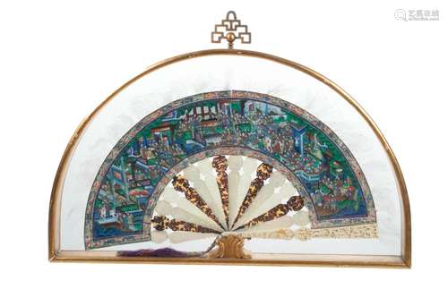 Chinese Hand Painted Scenic Paper Framed Folding Fan, C. 185...