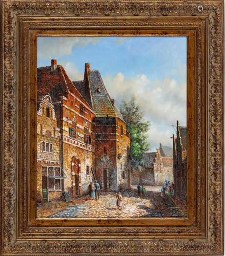 Dutch Oil On Canvas Street Scene, H 24`` W 20``