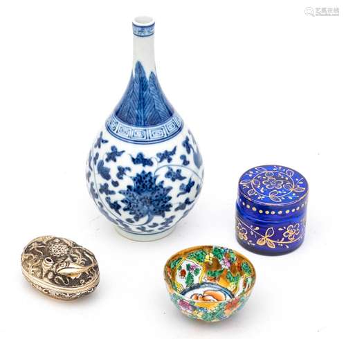 Miniatures: Sterling Silver Snuff Box, KangXI Vase Etc. 4 pc...