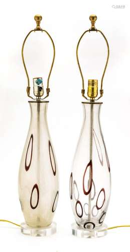 Murano Venetian Glass Table Lamps, Pair H 28", Dia 5.5&...