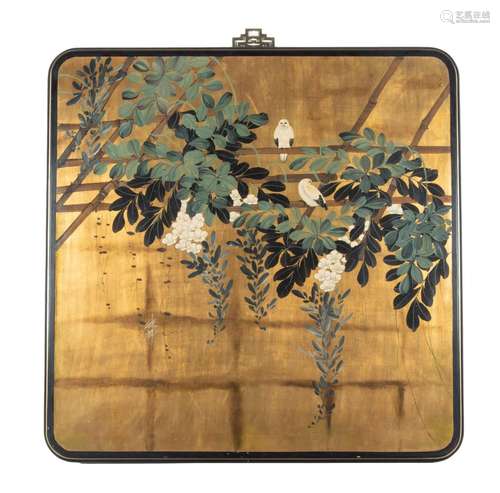 Chinese Hand Painted And Black Lacquered Panel H 38`` W 36``